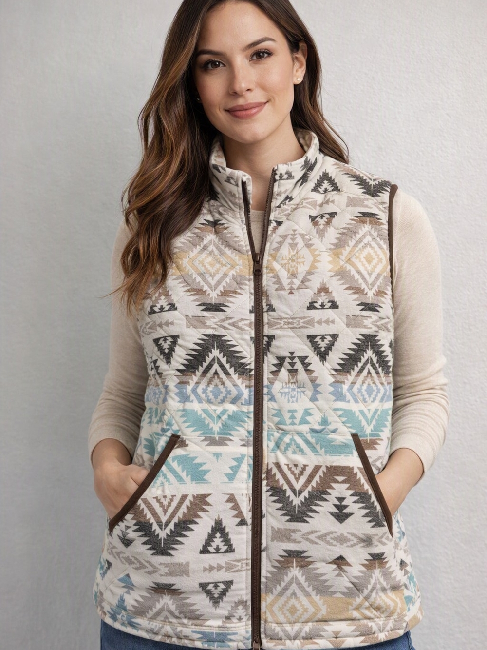 Outback Vest Womens XL Cotton Flannel Shell Aztec Pattern Zip Beige Brown Blue